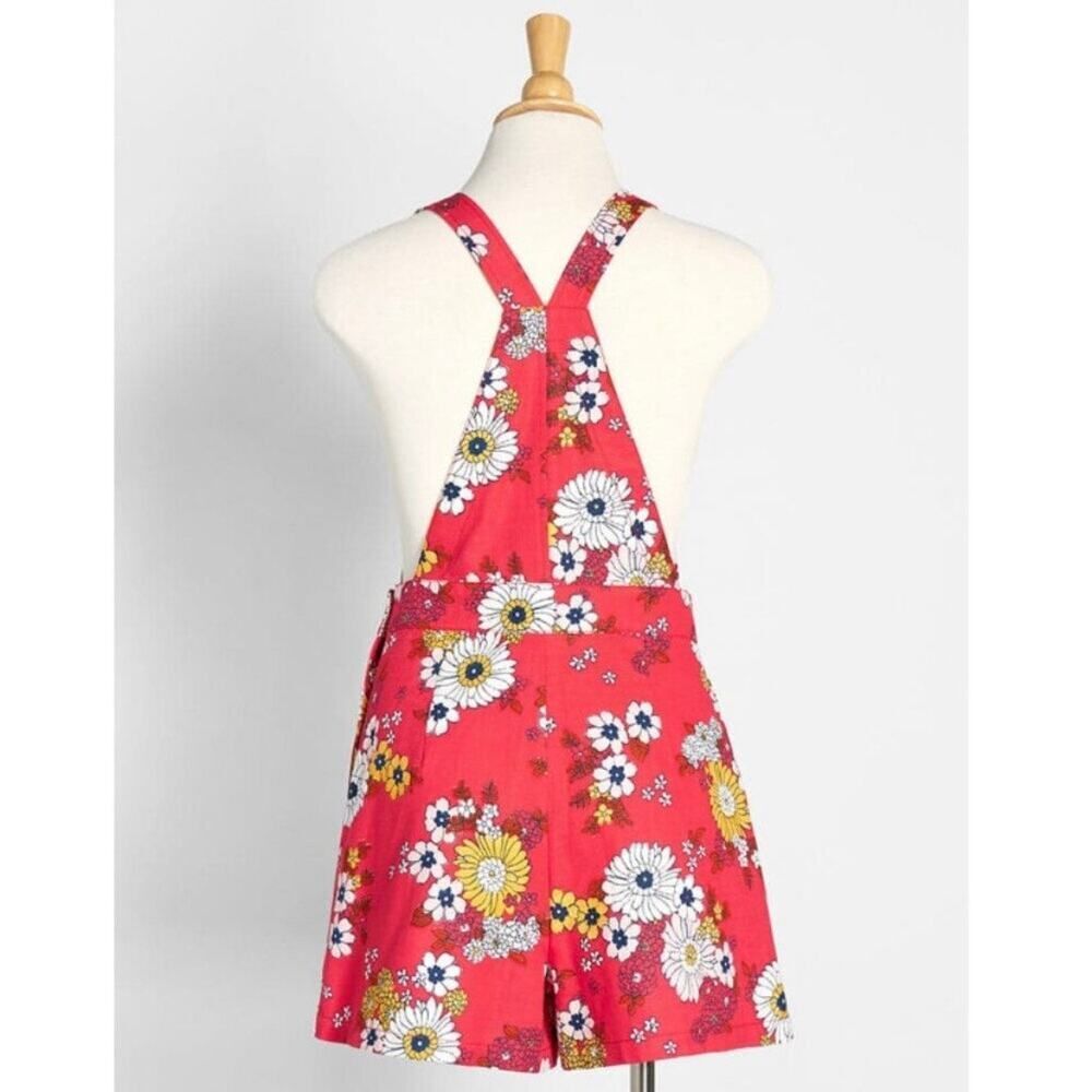 New ModCloth Candy Red Floral Dazed Summer‎ Days Cotton Shortalls 6 - Picture 5 of 9